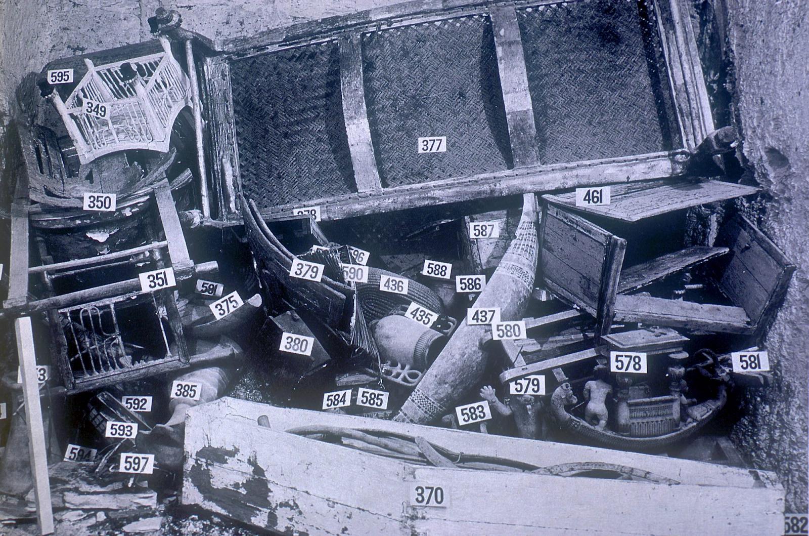 King Tutankhamen's funerary equipment surmounted by the wooden day-bed, no.377.