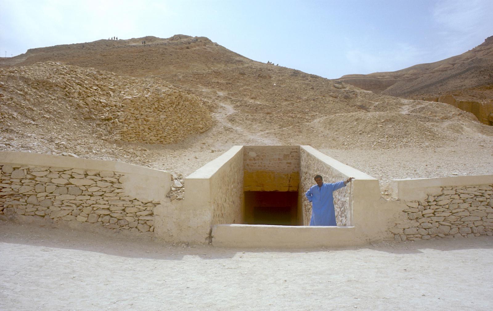 KV 10 tomb entrance with modern revetments and flood protection barrier.