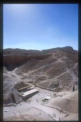 Valley of the kings, panorama, looking east from cliff above KV 07, showing entrances to KV 06, KV 07, KV 55, KV 18, KV 17, KV 16,  KV 62, KV 10, KV 09,  KV 11 and tourist shelter.